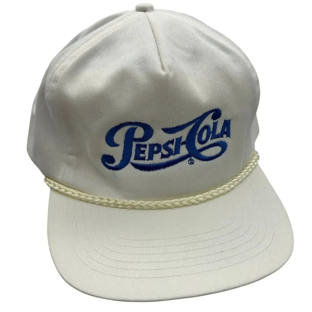 Vintage 80s 90s Pepsi-Cola White Strapback Rope Brim Embroidered Logo Promo Cap